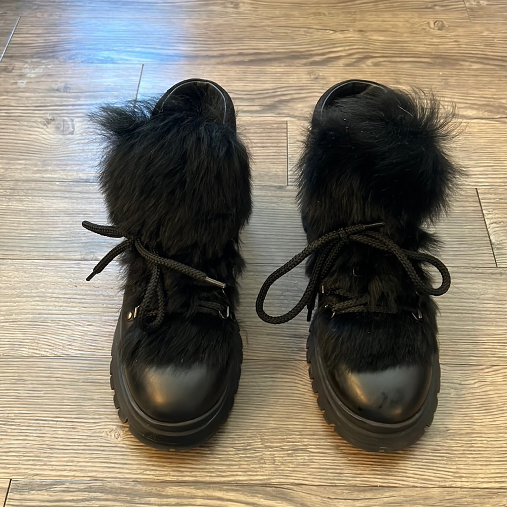 Prada Black Lace Up Fur Boots